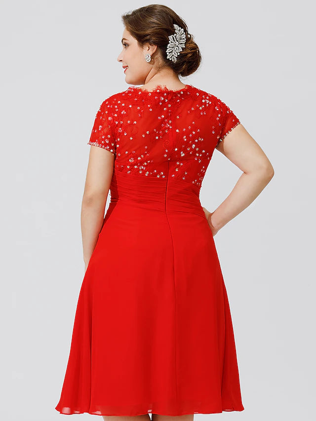 A-Linien-Kleid für die Brautmutter, elegant und luxuriös, schöner Rücken, Übergröße, Rundhalsausschnitt, knielang, Chiffon, Perlenspitze, kurze Ärmel, ohne Falten, Perlenbesatz, Blumen